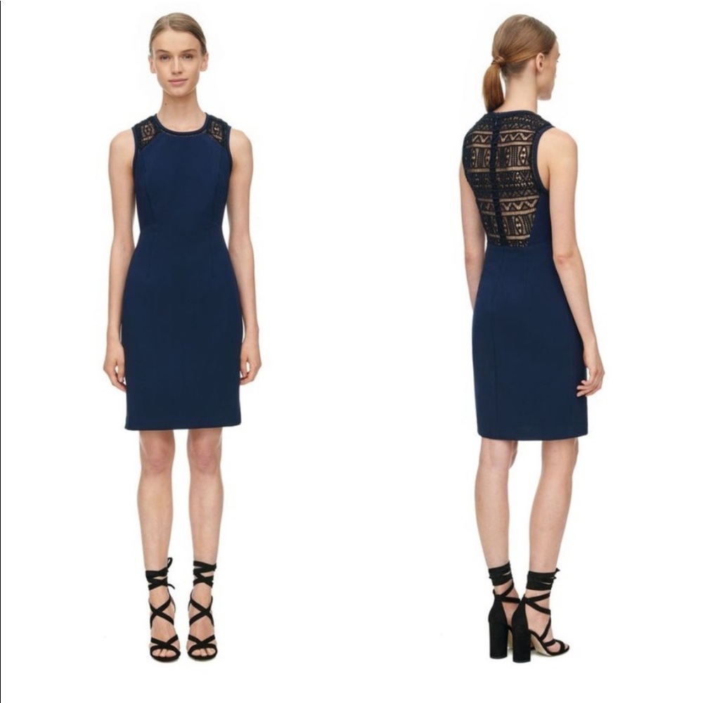 Rebecca Taylor Navy Sheath Dress With Black Lace Inset